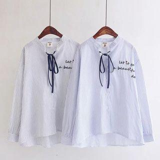 Lettering Embroidered Pinstriped Blouse