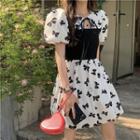 Puff-sleeve Bow Accent Printed Panel Dress