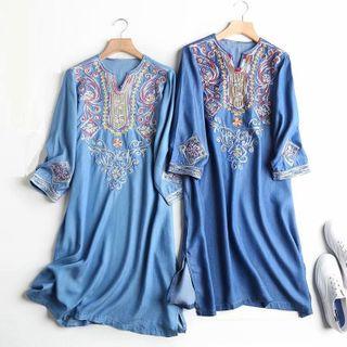 Embroidered Long-sleeve Mini Denim Dress