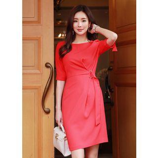 Elbow-sleeve Belted Sheath Dress