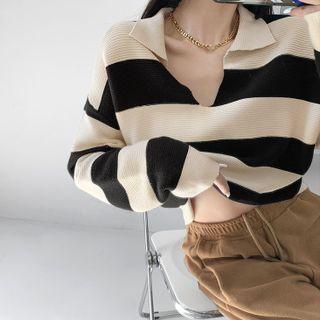 Striped Loose-fit Cropped Polo Top