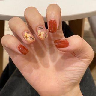 Flower Print Faux Nail Patch Tangerine - One Size