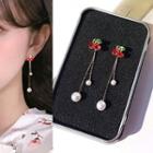 925 Sterling Silver Rhinestone Cherry Faux Pearl Fringed Earring Red Cherry - Gold - One Size