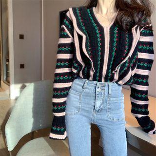 Ruffle V-neck Loose-fit Sweater As Figure - One Size