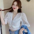 Elbow-sleeve Eyelet Lace Crop Top