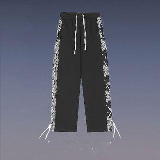 Paisley Print Panel Lace-up Straight Leg Pants