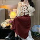 Floral Embroidered Cropped Cardigan / Frill Trim Midi A-line Skirt