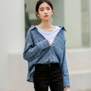 Mock Two Piece Plaid Shirt Blue - One Size