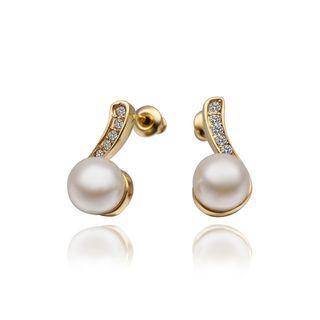 Elegant Plated Gold Round Pearl Earrings With Austrian Element Crystal Golden - One Size