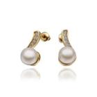 Elegant Plated Gold Round Pearl Earrings With Austrian Element Crystal Golden - One Size
