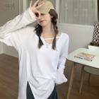 Long-sleeve Slit T-shirt Tshirt - White - One Size