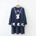 Bow Accent Long-sleeve A-line Dress Navy Blue - One Size
