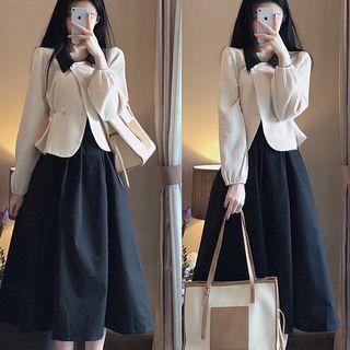 Contrast Collar Double Breasted Cropped Blazer / Plain Midi A-line Skirt