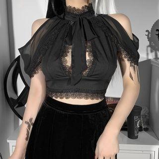 Cold-shoulder Mock-neck Lace Trim Crop Top