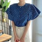 Cap-sleeve Snowflake Embroidered Denim Blouse