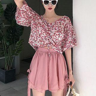 Flower Print Drawstring Elbow-sleeve Blouse / Elastic-waist Wide-leg Shorts