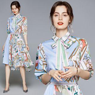 Set: Printed Tie-neck Blouse + Pleated Midi A-line Skirt