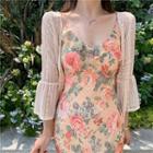 Floral Spaghetti Strap Midi Sheath Dress / Lace Open-front Jacket