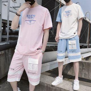 Set: Short-sleeve Color Block Letter T-shirt + Shorts