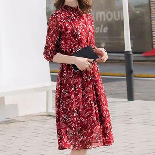 Leaf Print 3/4-sleeve A-line Silk Dress