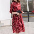 Leaf Print 3/4-sleeve A-line Silk Dress