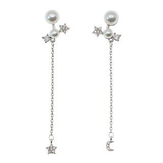 Non-matching Faux Pearl Moon & Star Dangle Earring
