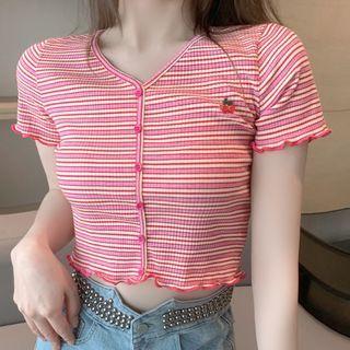 Short-sleeve Cherry Embroidered Striped T-shirt / Studded Distressed Denim Shorts