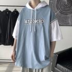 Mock Two-piece Elbow-sleeve Lettering Print Hooded T-shirt