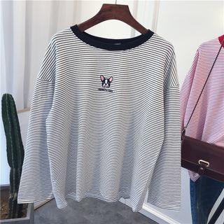 Dog Embroidered Striped Long Sleeve T-shirt