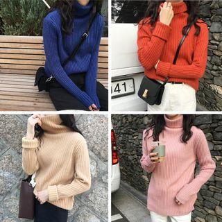 Plain Loose-fit Turtle-neck Sweater