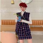 Mock-turtleneck Long-sleeve T-shirt / Fringed Plaid Buttoned Vest / Mini A-line Skirt