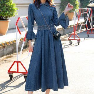 Flared-sleeve Denim Midi A-line Dress