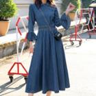 Flared-sleeve Denim Midi A-line Dress