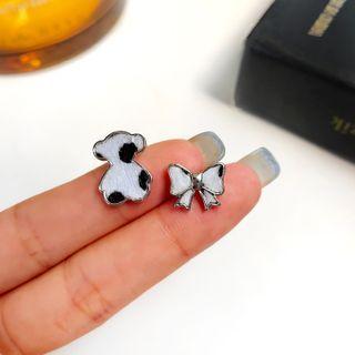 Asymmetrical Sterling Silver Ear Stud 1 Pair - S925 Silver Needle - Earring - Black & White - One Size