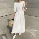 Puff-sleeve Linen Blend Long Dress Ivory - One Size