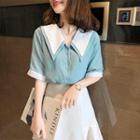 Two-tone Collared Elbow-sleeve Blouse