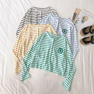 Lettering Striped Long-sleeve Cropped T-shirt
