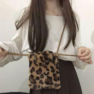Leopard Print Furry Drawstring Crossbody Bag As Shown In Figure - One Size