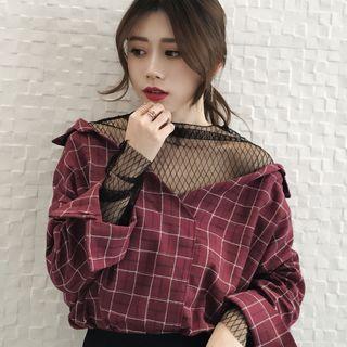 Mock Two-piece Mesh Panel Plaid Shirt