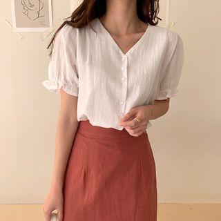 V-neck Frilled-trim Blouse Ivory - One Size