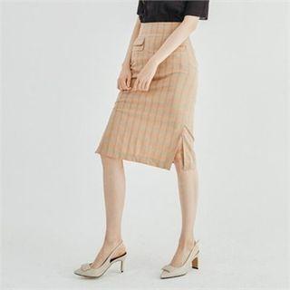 Pocket-detail Plaid Midi H-line Skirt