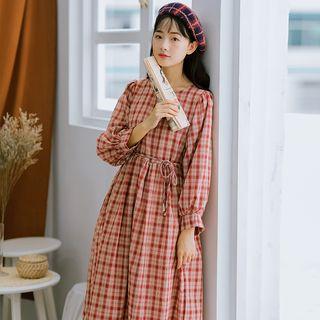 Plaid Long-sleeve Crewneck Midi Dress