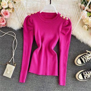 Button-detail Slim-fit Puff-sleeve Knit Top