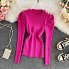 Button-detail Slim-fit Puff-sleeve Knit Top