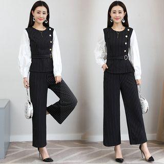 Set: Mock Two Piece Long-sleeve Top + Wide Leg Pants