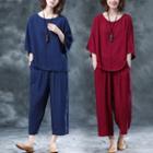 Set : Plain 3/4-sleeve Top + Wide-leg Pants