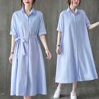 Short-sleeve Tie-front Midi Shirtdress Blue - One Size