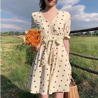 Elbow-sleeve Polka Dot A-line Mini Dress