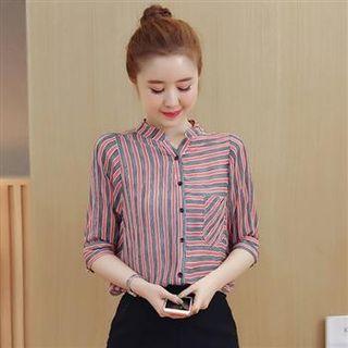 3/4-sleeve Stand Collar Striped Blouse
