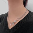 Cross Faux Pearl Layered Stainless Steel Necklace Necklace - Silver - One Size
